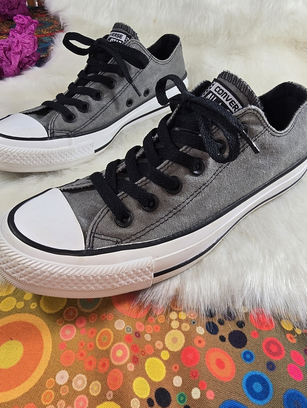 Converse Unisex Charcoal & White Canvas Low Top Sneakers with Black Accents - Picture 4 of 12